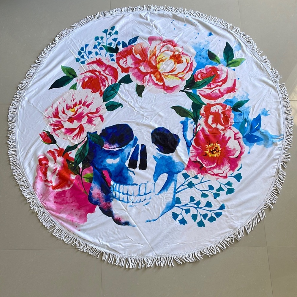 NEW Round Towel with Skull and Flowers